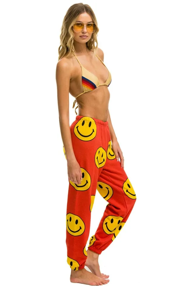 Women Bottoms Aviator Nation SMILEY REPEAT SWEATPANTS 8211 RED Women Bottoms Aviator Nation SMILEY REPEAT SWEATPANTS 8211 RED