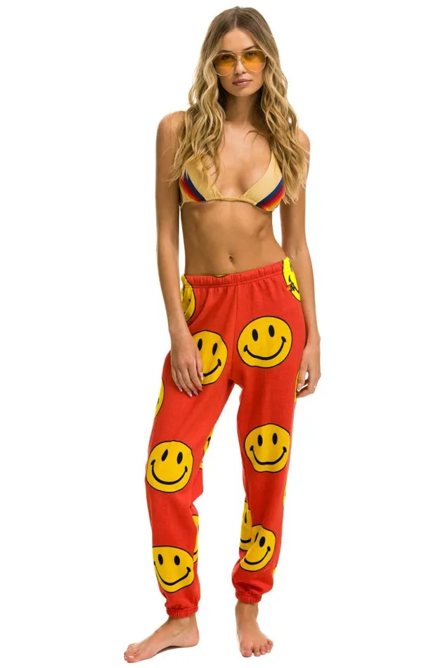 Women Bottoms Aviator Nation SMILEY REPEAT SWEATPANTS 8211 RED Women Bottoms Aviator Nation SMILEY REPEAT SWEATPANTS 8211 RED