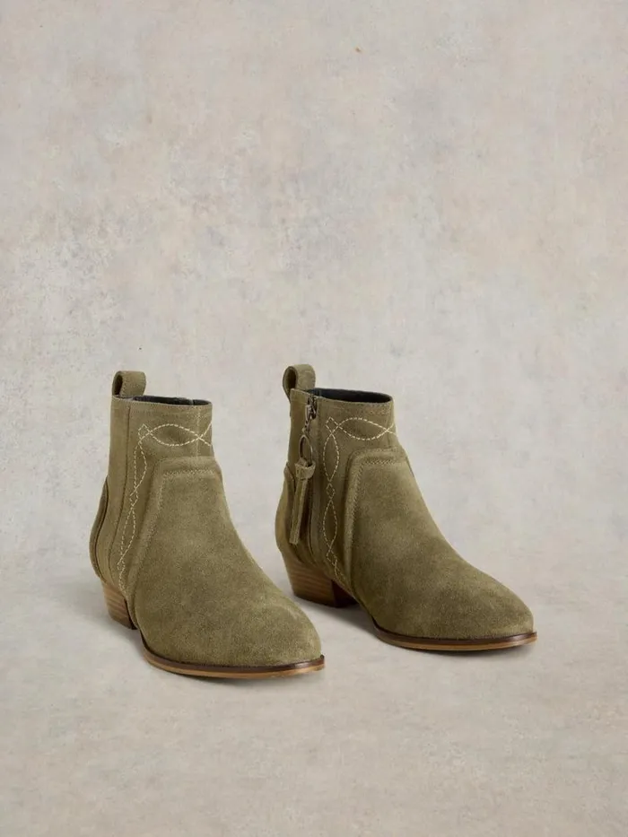 Women Cedar Embroidered Ankle Boot Khaki Green White Stuff Boots