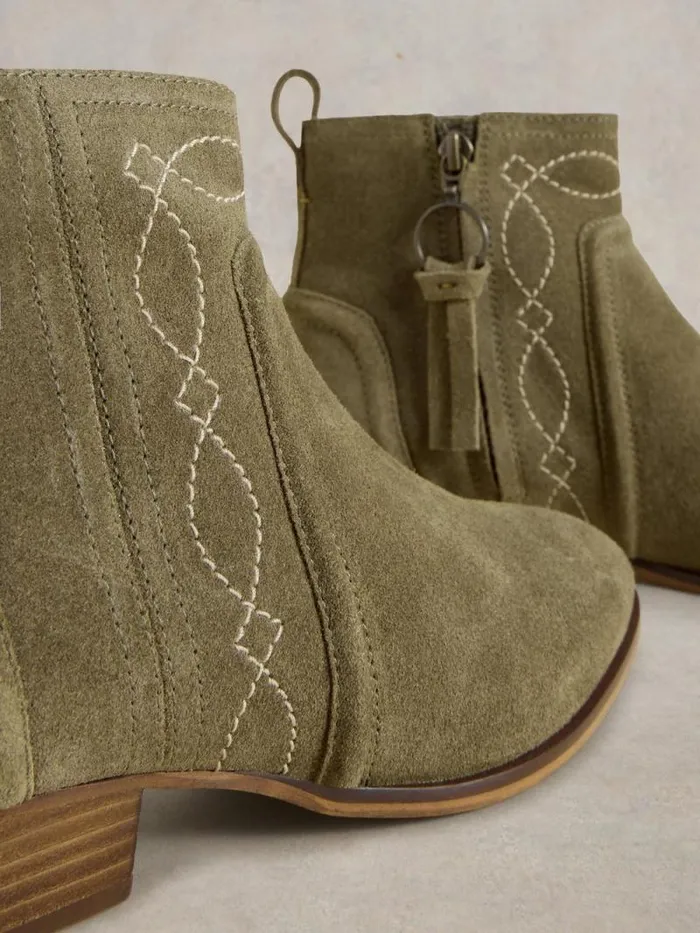 Women Cedar Embroidered Ankle Boot Khaki Green White Stuff Boots