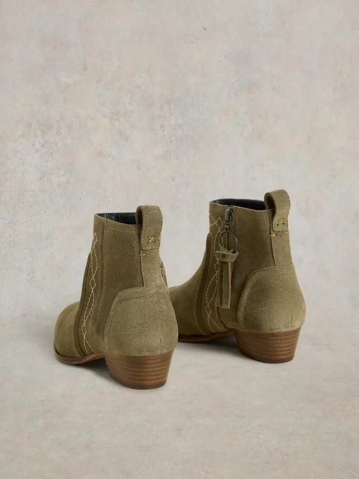 Women Cedar Embroidered Ankle Boot Khaki Green White Stuff Boots