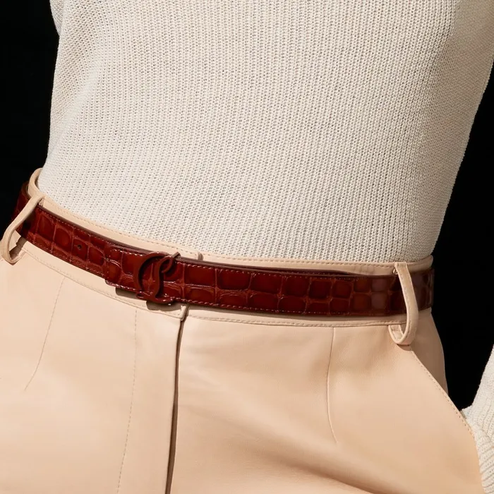 Women CL Logo Belt 8211 Alligator Embossed Calf Leather 8211 Acajou Christian Louboutin Belts