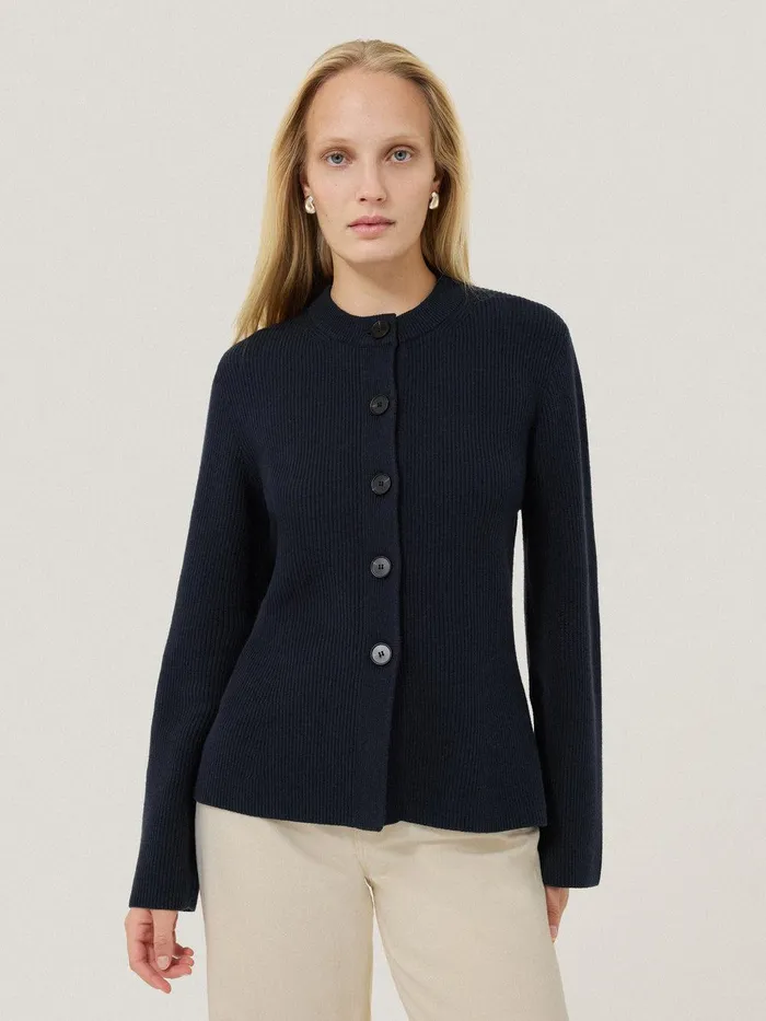 Women Cotton Blend Knit Cardigan Navy Jigsaw Shirts and Tops