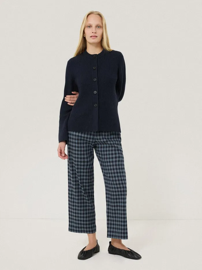 Women Cotton Blend Knit Cardigan Navy Jigsaw Shirts and Tops