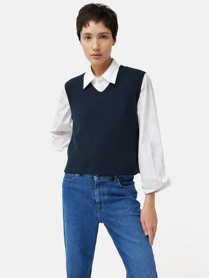 Women Cotton Blend V Neck Tank Navy Jigsaw Knitwear and Cashmere