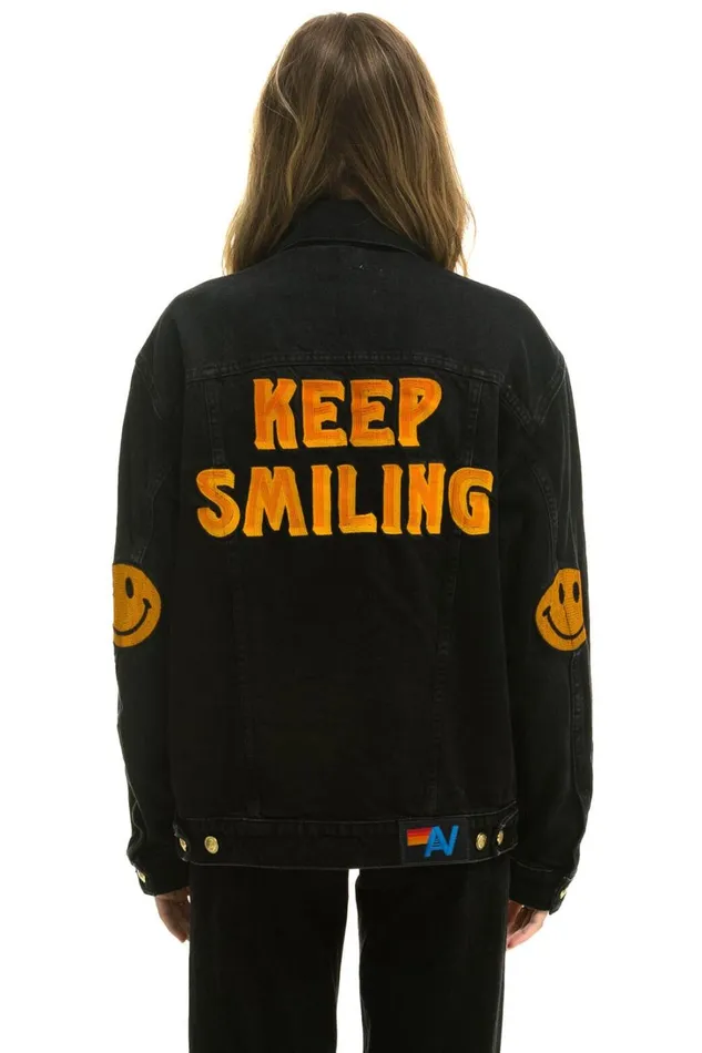 Women Denim Aviator Nation KEEP SMILING OVERSIZED CONCERT DENIM JACKET 8211 VINTAGE BLACK