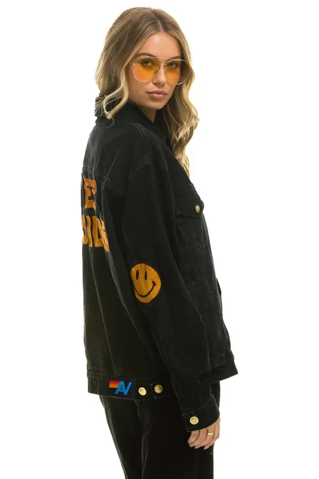 Women Denim Aviator Nation KEEP SMILING OVERSIZED CONCERT DENIM JACKET 8211 VINTAGE BLACK