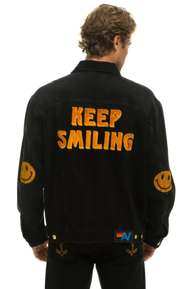 Women Denim Aviator Nation KEEP SMILING OVERSIZED CONCERT DENIM JACKET 8211 VINTAGE BLACK