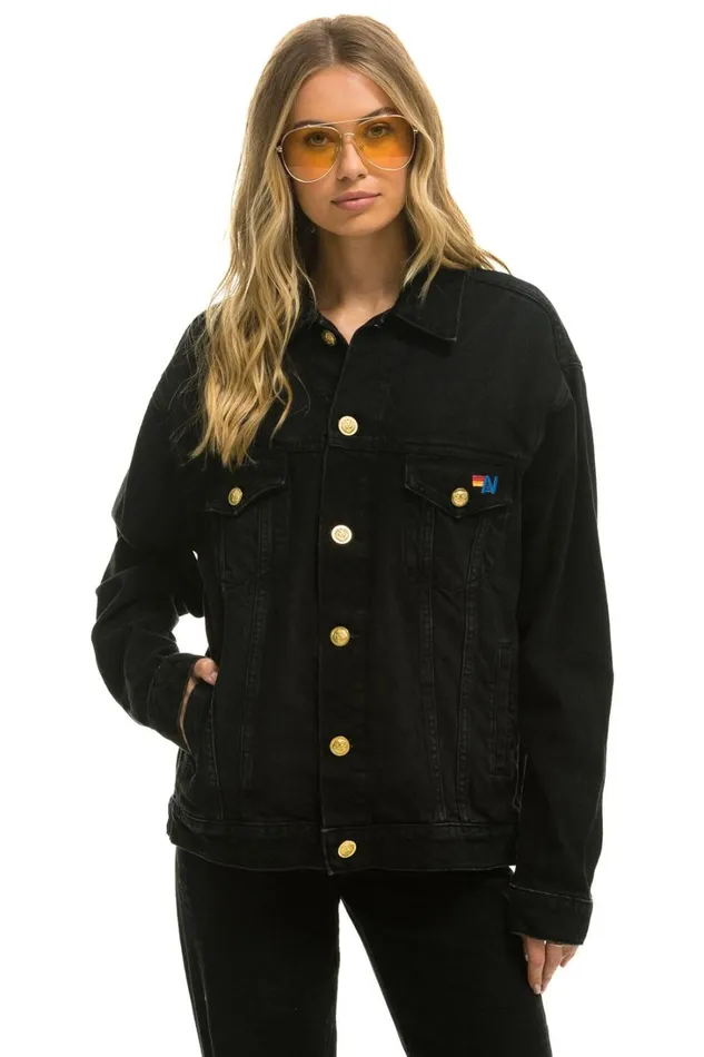 Women Denim Aviator Nation KEEP SMILING OVERSIZED CONCERT DENIM JACKET 8211 VINTAGE BLACK