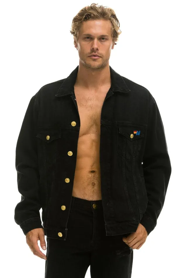 Women Denim Aviator Nation KEEP SMILING OVERSIZED CONCERT DENIM JACKET 8211 VINTAGE BLACK