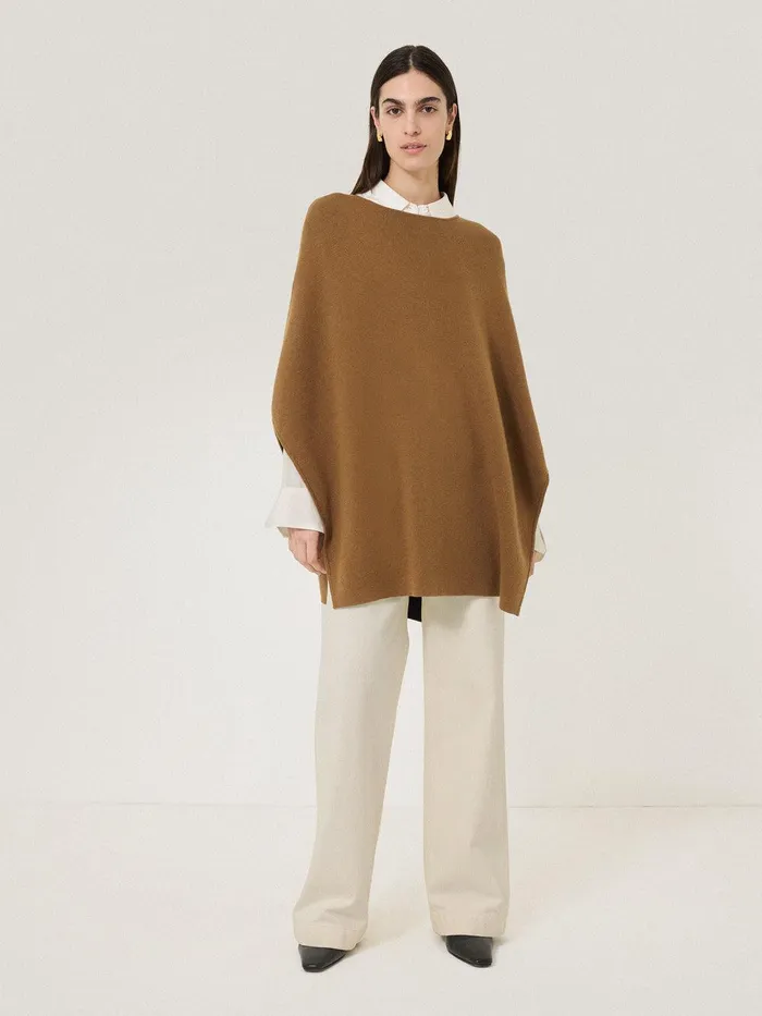 Women Double Face Knit Poncho Toffee Jigsaw Ponchos and Scarves