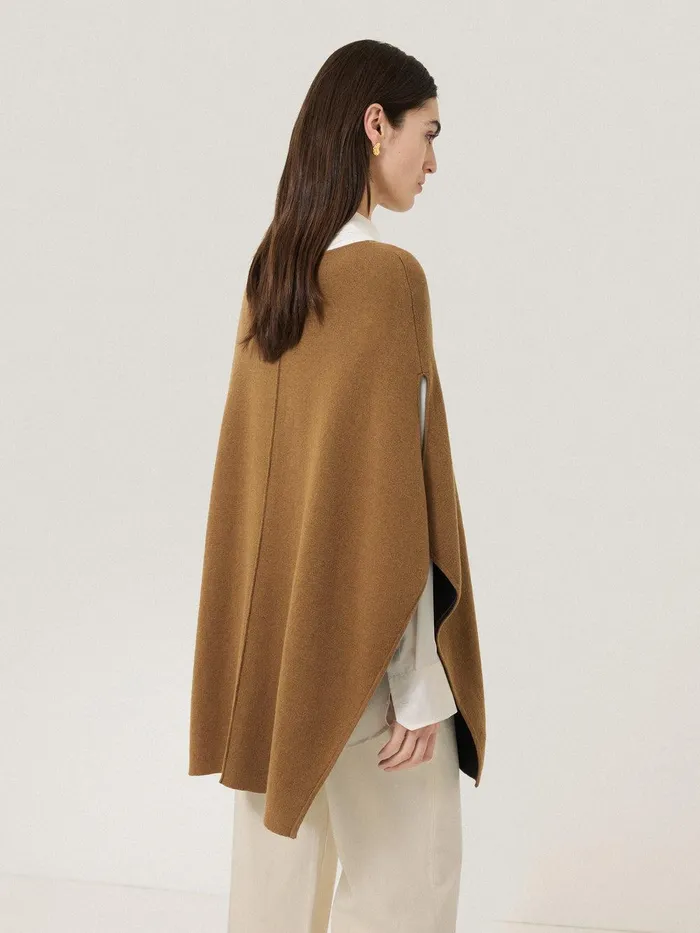 Women Double Face Knit Poncho Toffee Jigsaw Ponchos and Scarves