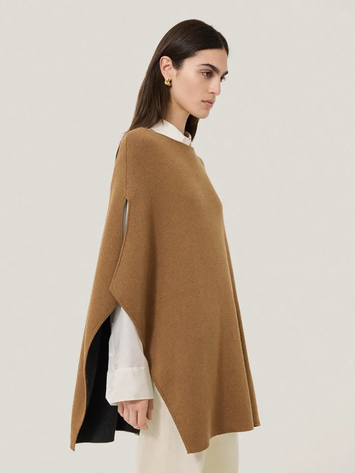 Women Double Face Knit Poncho Toffee Jigsaw Ponchos and Scarves