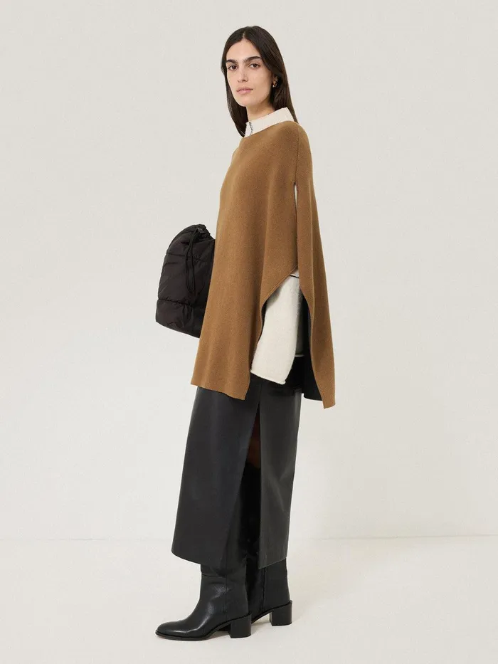 Women Double Face Knit Poncho Toffee Jigsaw Ponchos and Scarves