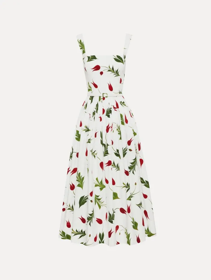 Women Dresses Oscar De La Renta Marbled Tulip Cotton Poplin Dress White Multi