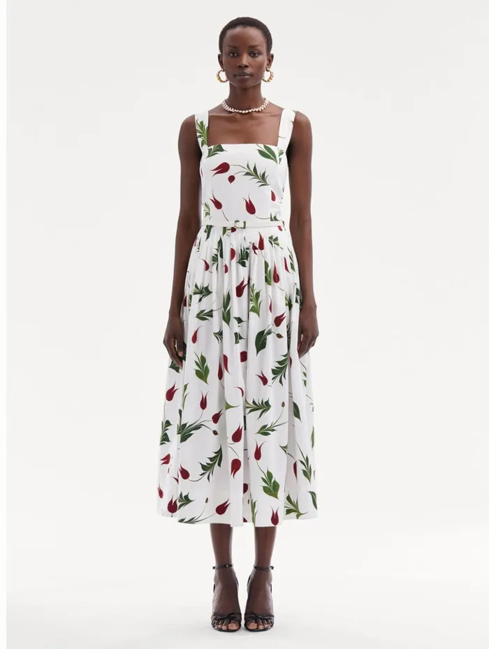 Women Dresses Oscar De La Renta Marbled Tulip Cotton Poplin Dress White Multi