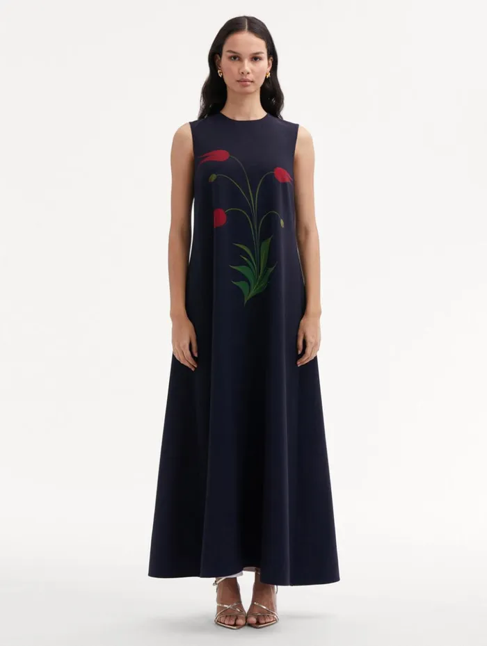 Women Dresses Oscar De La Renta Marbled Tulip Maxi Dress Navy Red