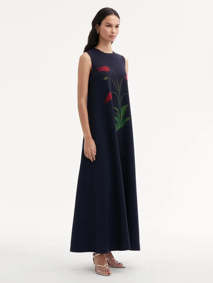 Women Dresses Oscar De La Renta Marbled Tulip Maxi Dress Navy Red