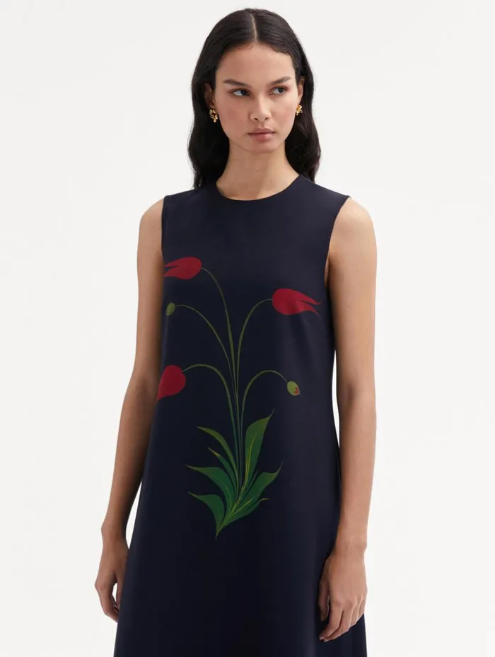 Women Dresses Oscar De La Renta Marbled Tulip Maxi Dress Navy Red