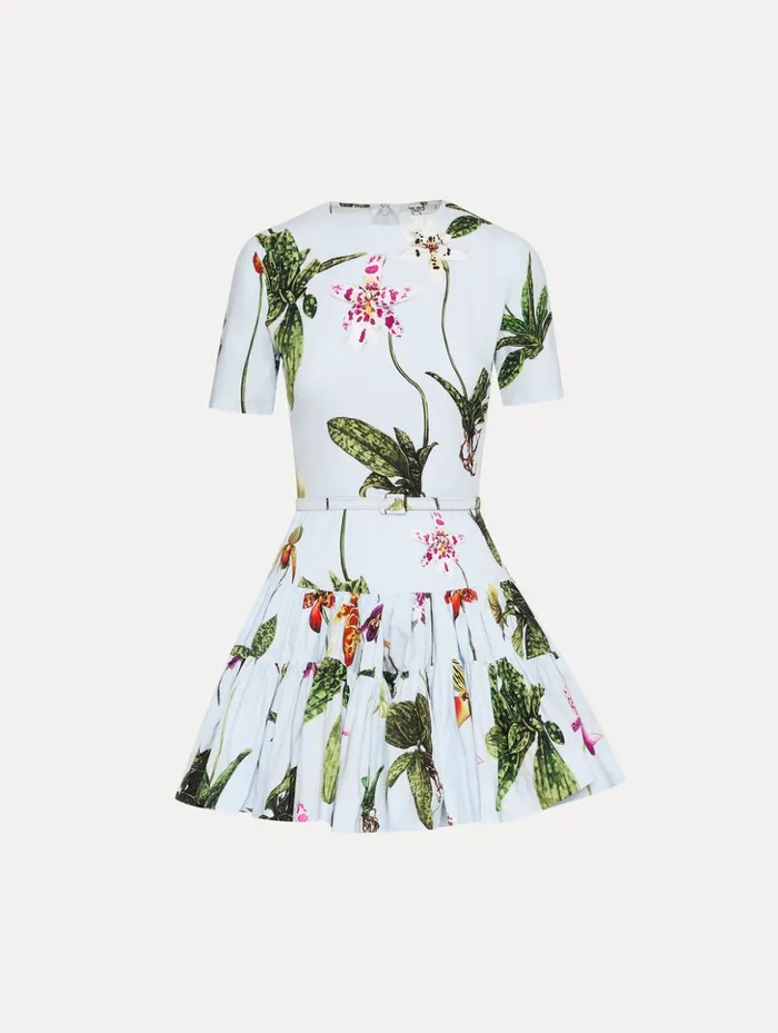 Women Dresses Oscar De La Renta Orchid Cotton Poplin Mini Dress Light Blue Multi