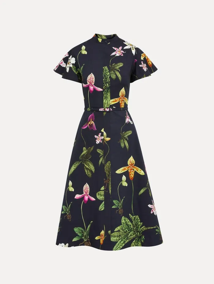 Women Dresses Oscar De La Renta Orchid Cotton Poplin Short Sleeve Dress Navy Multi