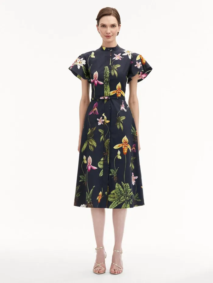 Women Dresses Oscar De La Renta Orchid Cotton Poplin Short Sleeve Dress Navy Multi