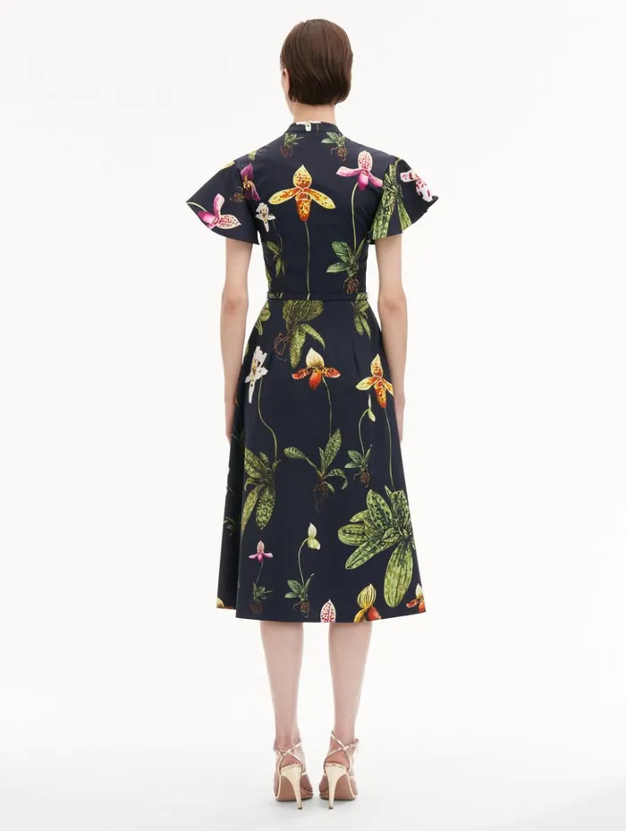 Women Dresses Oscar De La Renta Orchid Cotton Poplin Short Sleeve Dress Navy Multi