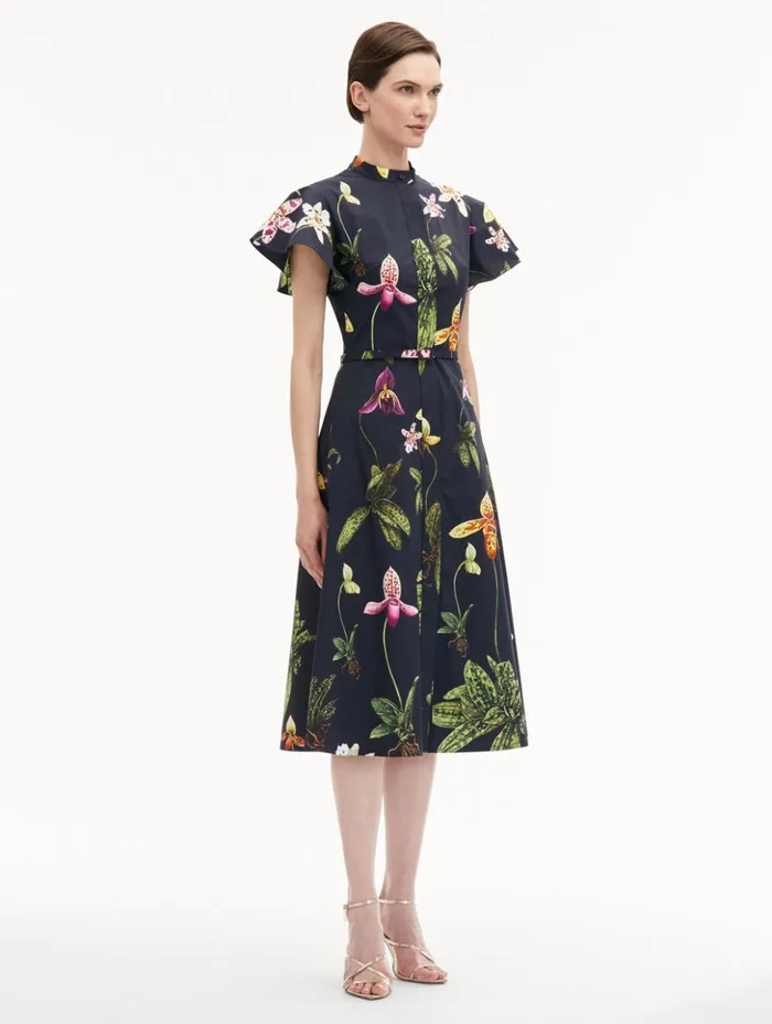 Women Dresses Oscar De La Renta Orchid Cotton Poplin Short Sleeve Dress Navy Multi