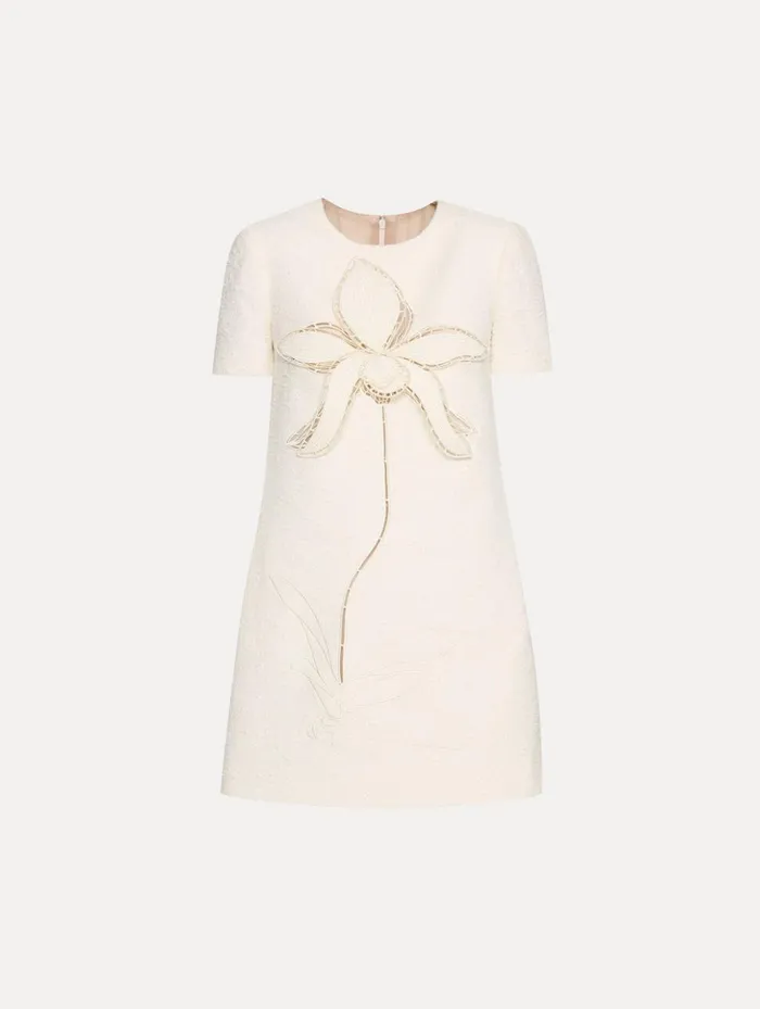 Women Dresses Oscar De La Renta Orchid Embroidered Tweed Shift Dress Ivory