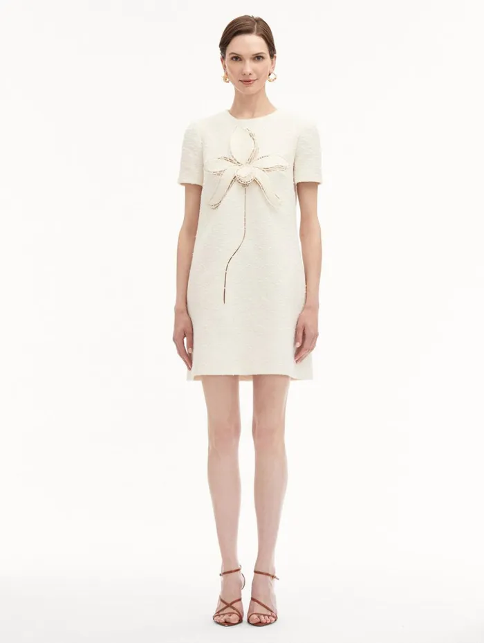 Women Dresses Oscar De La Renta Orchid Embroidered Tweed Shift Dress Ivory Women Dresses Oscar De La Renta Orchid Embroidered Tweed Shift Dress Ivory