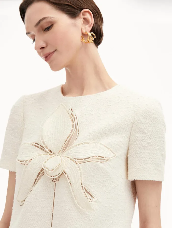 Women Dresses Oscar De La Renta Orchid Embroidered Tweed Shift Dress Ivory Women Dresses Oscar De La Renta Orchid Embroidered Tweed Shift Dress Ivory