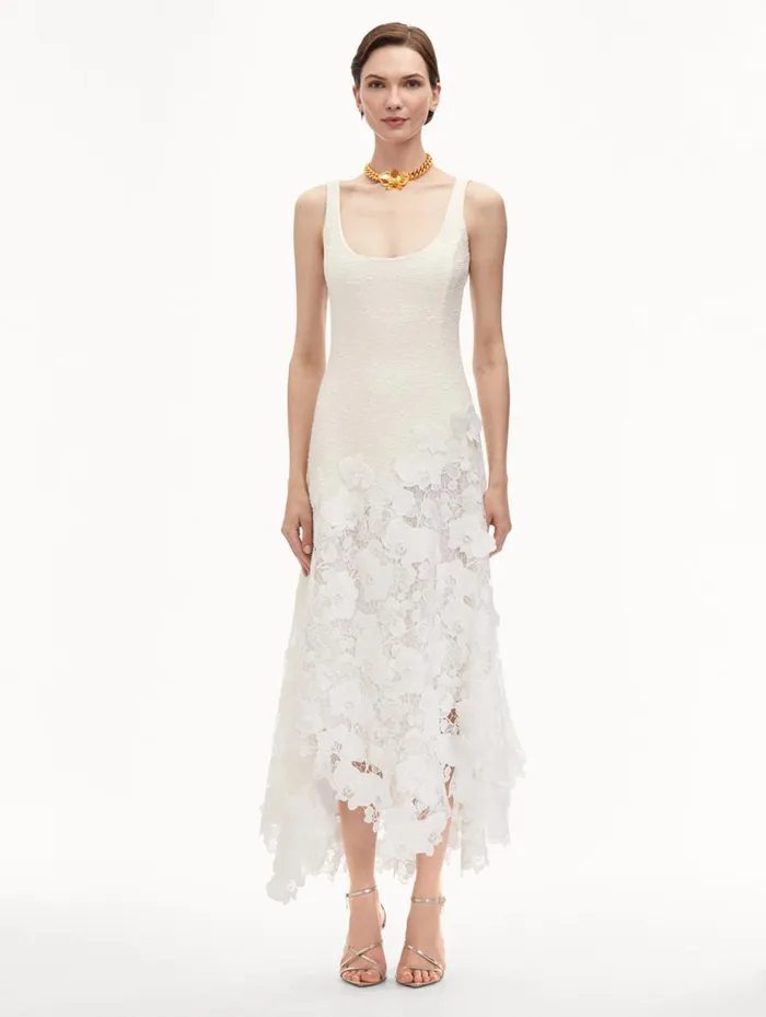 Women Dresses Oscar De La Renta Orchid Guipure and Tweed Sleeveless Dress Ivory Women Dresses Oscar De La Renta Orchid Guipure and Tweed Sleeveless Dress Ivory