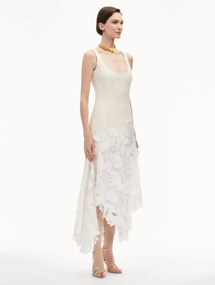 Women Dresses Oscar De La Renta Orchid Guipure and Tweed Sleeveless Dress Ivory Women Dresses Oscar De La Renta Orchid Guipure and Tweed Sleeveless Dress Ivory