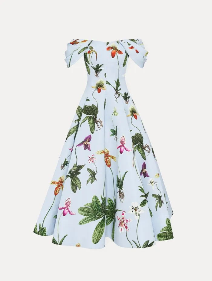 Women Dresses Oscar De La Renta Orchid Off Shoulder Faille Gown Light Blue Multi