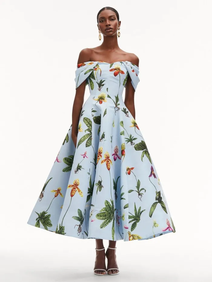 Women Dresses Oscar De La Renta Orchid Off Shoulder Faille Gown Light Blue Multi Women Dresses Oscar De La Renta Orchid Off Shoulder Faille Gown Light Blue Multi
