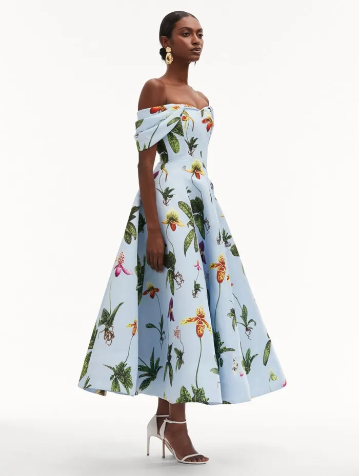 Women Dresses Oscar De La Renta Orchid Off Shoulder Faille Gown Light Blue Multi Women Dresses Oscar De La Renta Orchid Off Shoulder Faille Gown Light Blue Multi