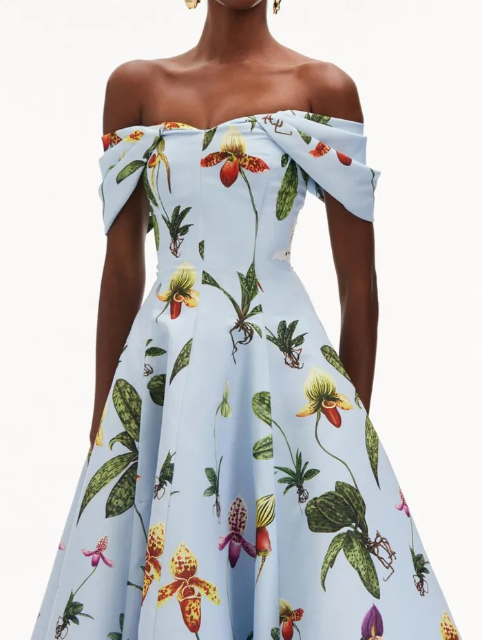 Women Dresses Oscar De La Renta Orchid Off Shoulder Faille Gown Light Blue Multi Women Dresses Oscar De La Renta Orchid Off Shoulder Faille Gown Light Blue Multi