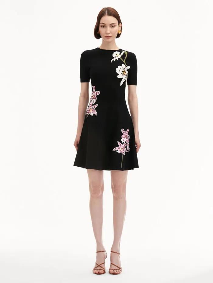 Women Dresses Oscar De La Renta Orchid Threadwork Jacquard Dress Black Multi