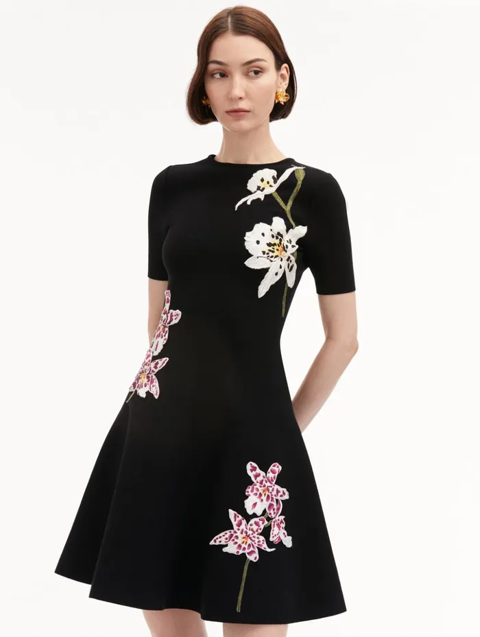 Women Dresses Oscar De La Renta Orchid Threadwork Jacquard Dress Black Multi