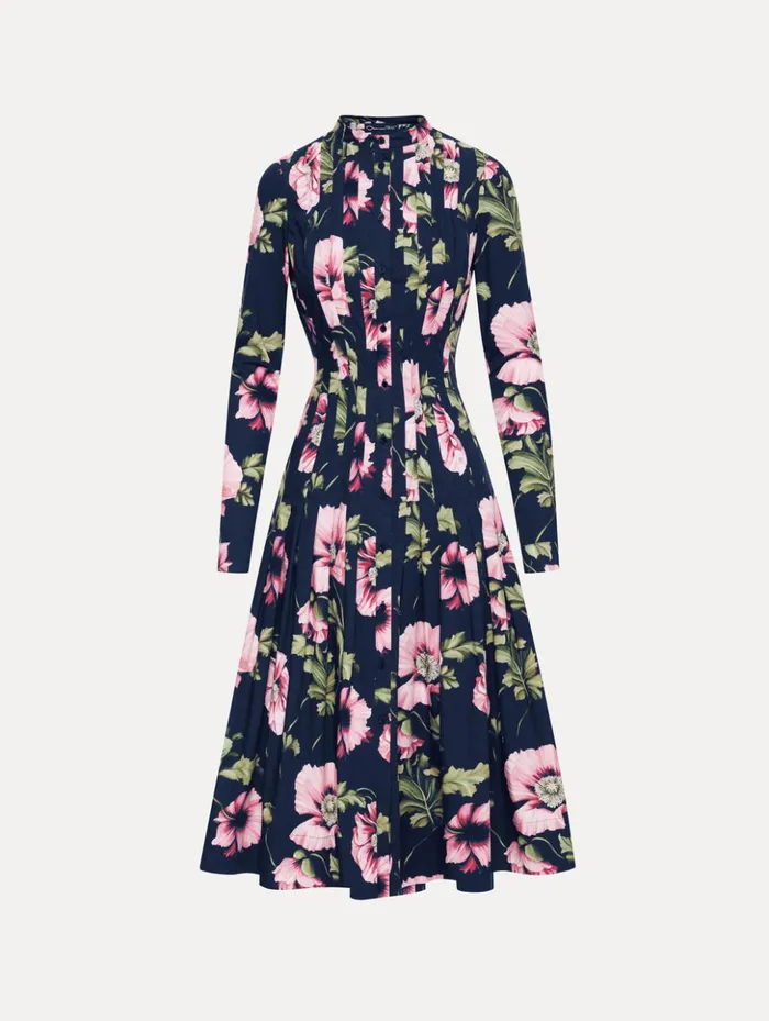 Women Dresses Oscar De La Renta Poppy Cotton Poplin Midi Dress Navy Pink