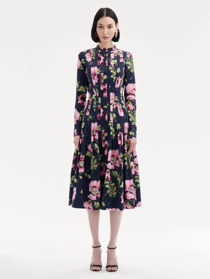 Women Dresses Oscar De La Renta Poppy Cotton Poplin Midi Dress Navy Pink