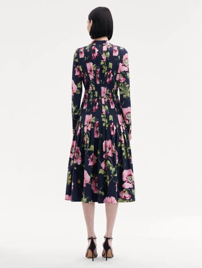 Women Dresses Oscar De La Renta Poppy Cotton Poplin Midi Dress Navy Pink