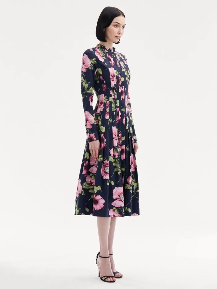 Women Dresses Oscar De La Renta Poppy Cotton Poplin Midi Dress Navy Pink