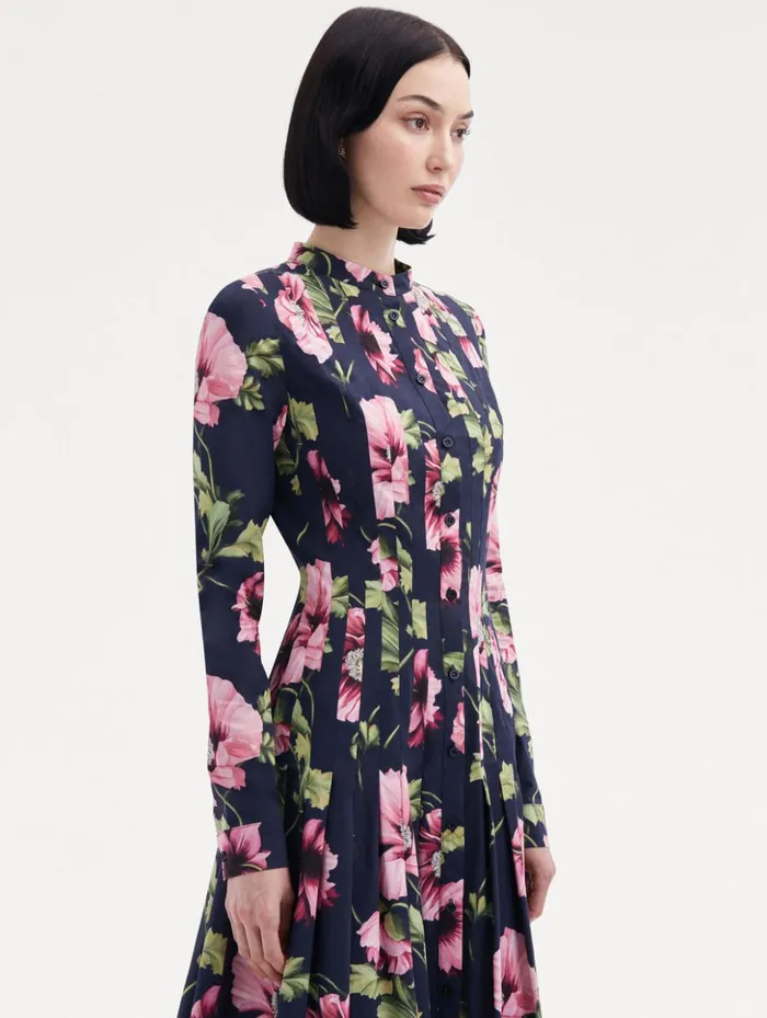 Women Dresses Oscar De La Renta Poppy Cotton Poplin Midi Dress Navy Pink