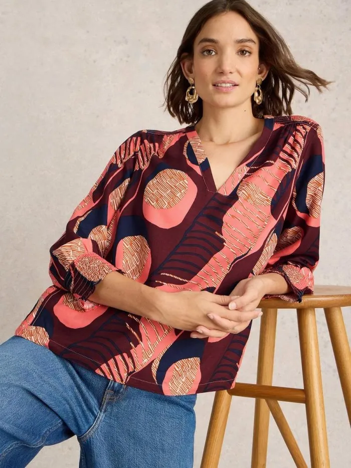 Women Elisa V Neck Top Plum Purple Print White Stuff Tops and Tees Women Elisa V Neck Top Plum Purple Print White Stuff Tops and Tees