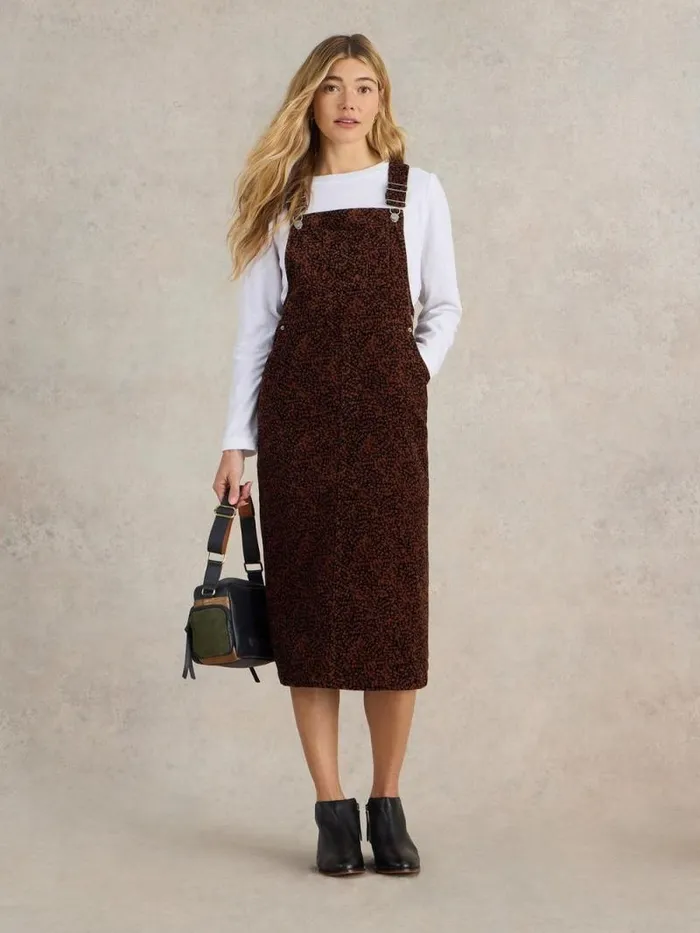 Women Emmie Organic Cord Pinafore Black Print White Stuff Dresses