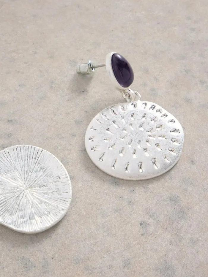 Women Engraved Disc Earring Silver Tone Metallic White Stuff Jewellery