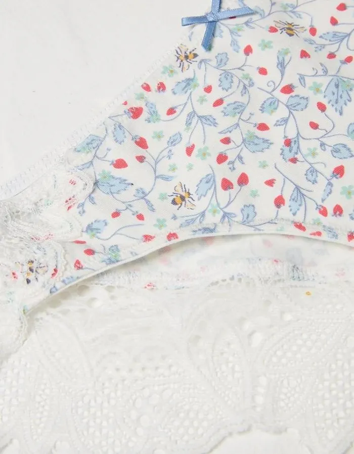 Women FatFace Buy 2 Get 1 Free Underwear Strawberry Bee Cheeky Knickers Ivory