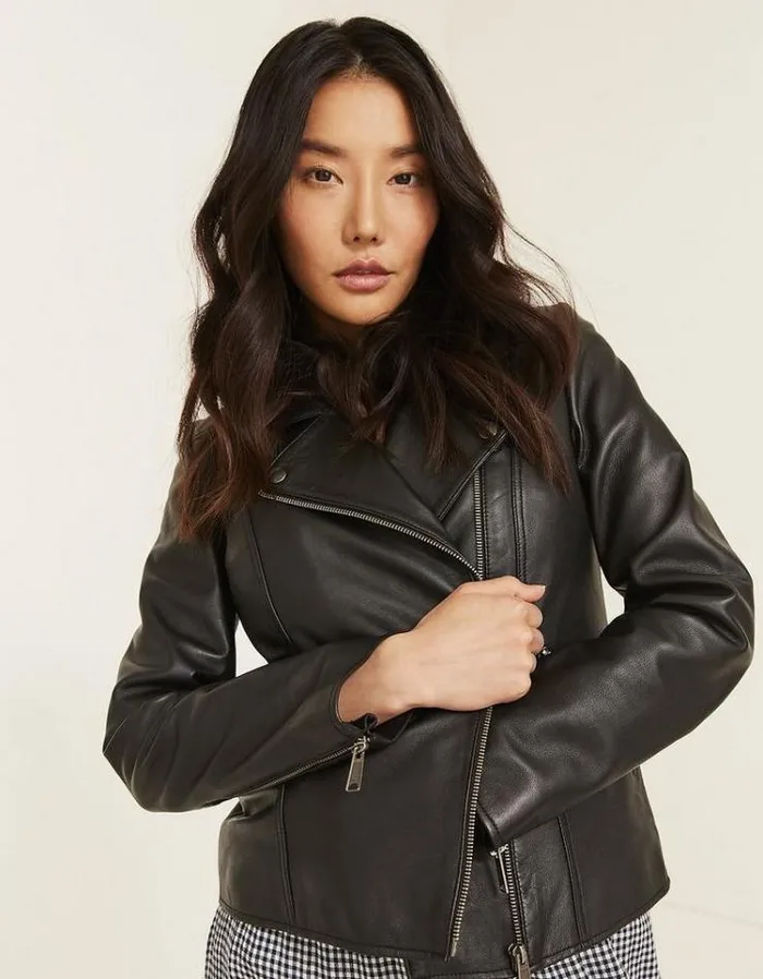 Women FatFace Coats and Jackets Bethany Biker Leather Jacket Black