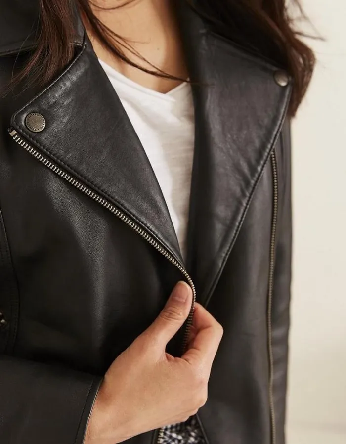 Women FatFace Coats and Jackets Bethany Biker Leather Jacket Black